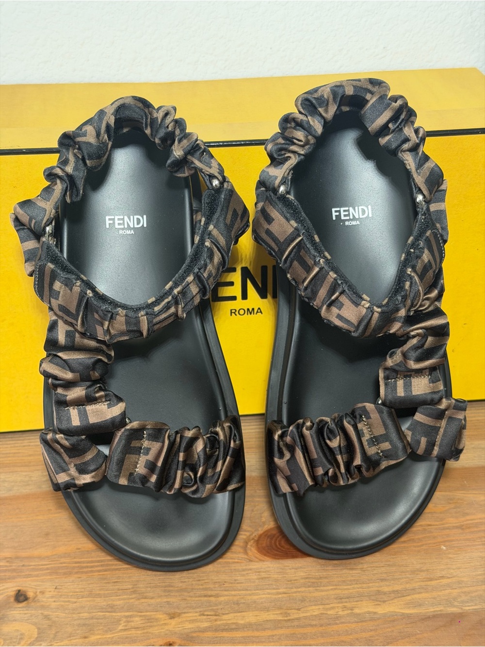 Fendi Brown FF-Pattern Ruched Strap Sandals - Women